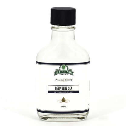 Deep Blue Sea Shaving Collection by Stirling Soap Co., includes shaving soap in a 5.8 oz container with grooming accessories.