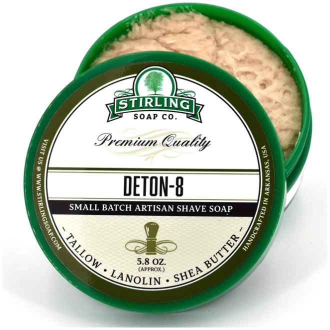 Pasteur Pharmacy Stirling Soap Co. Denton-8 Shaving Collection with soap, brush, and razor in a traditional shaving set.