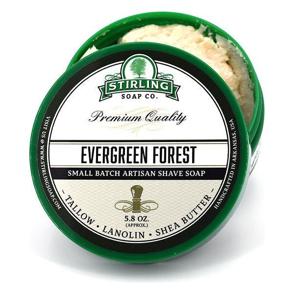 Pasteur Pharmacy Evergreen Forest shaving set with Stirling Soap Co. shaving soap, brush, and accessories in a stylish collection.
