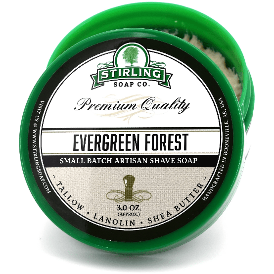 Pasteur Pharmacy Stirling Soap Co. Evergreen Forest shaving set with 5.8oz shaving soap and grooming accessories.