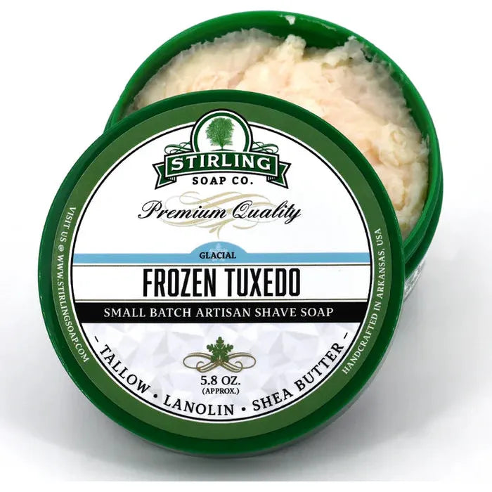 Pasteur Pharmacy Stirling Soap Co. Frozen Tuxedo Glacial Shaving Set with 5.8oz shaving soap and accessories in a stylish collection.