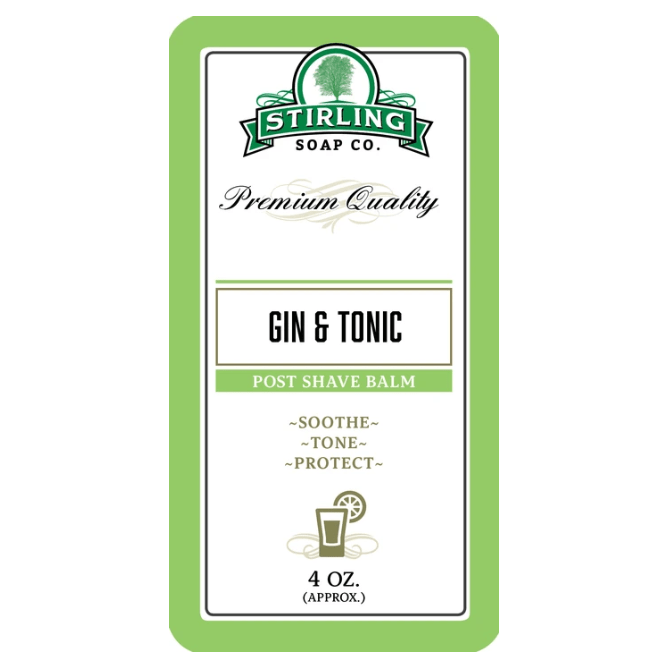 Pasteur Pharmacy Stirling Soap Co. Gin & Tonic Shaving Collection with shaving soap in a 5.8oz container and grooming accessories.