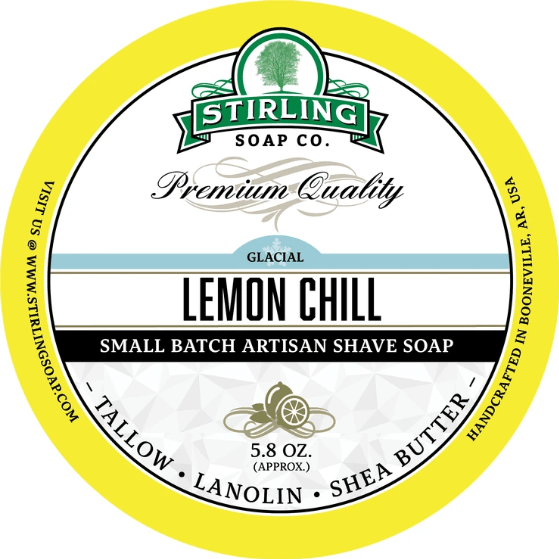 Shaving set with Stirling Soap Co. Glacial Lemon Chill soap, brush, and razor for a cooling shaving experience