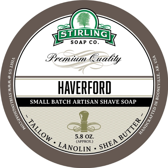 Pasteur Pharmacy Stirling Soap Co. Haverford Shaving Collection set with shaving soap, brush, and accessories in a display image.