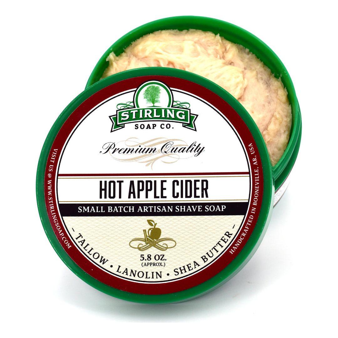 Pasteur Pharmacy Hot Apple Cider Shaving Set with Stirling Soap Co. shaving soap in a 5.8oz tin and grooming accessories.