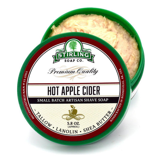 Pasteur Pharmacy Hot Apple Cider Shaving Set with Stirling Soap Co. shaving soap in a 5.8oz tin and grooming accessories.