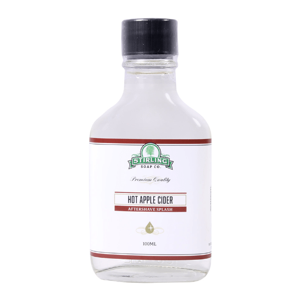 Pasteur Pharmacy Stirling Soap Co. Hot Apple Cider shaving set with shaving soap in a 5.8oz container and grooming accessories.