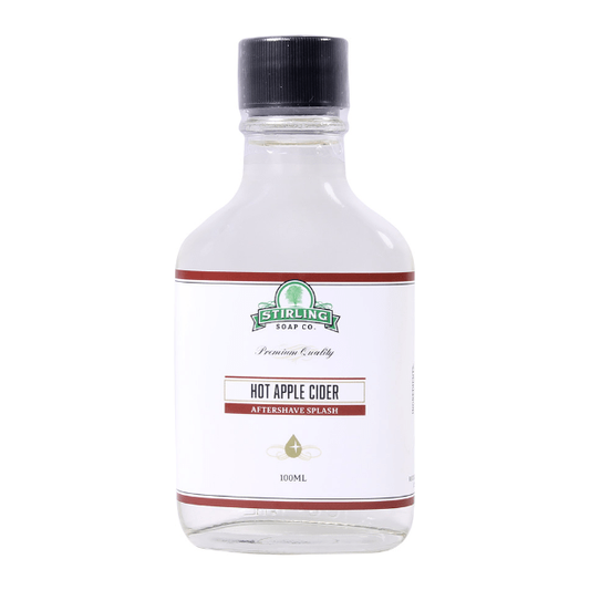 Pasteur Pharmacy Stirling Soap Co. Hot Apple Cider shaving set with shaving soap in a 5.8oz container and grooming accessories.