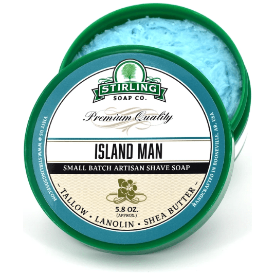 Pasteur Pharmacy Stirling Soap Co. Island Man Shaving Set with shaving soap in a 5.8oz container and grooming accessories.