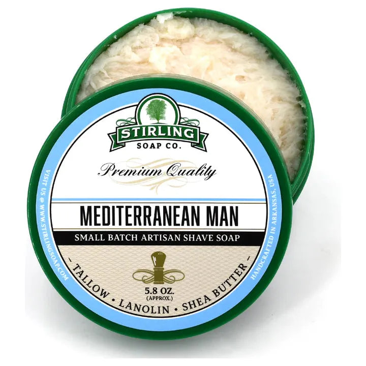 Pasteur Pharmacy Stirling Soap Co. Mediterranean Shaving Collection with shaving soap in a 5.8 oz jar and shaving accessories.