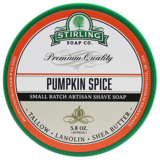 Pasteur Pharmacy Stirling Soap Co. Pumpkin Spice Shaving Set with shaving soap in 5.8oz container, ideal for classic grooming.