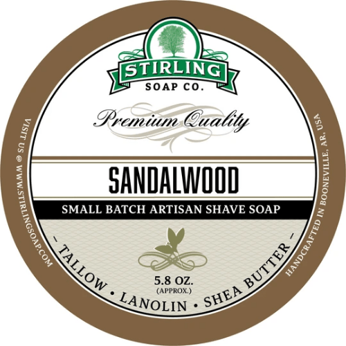Pasteur Pharmacy Stirling Soap Co. Sandalwood Shaving Collection with shaving soap, brush, and accessories in a classic set.