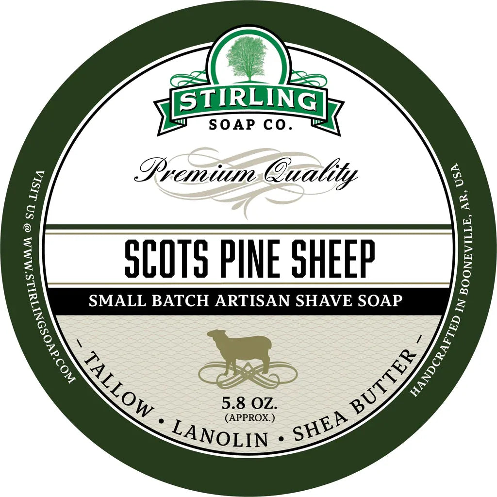 Pasteur Pharmacy Stirling Soap Co. Scots Pine Shaving Collection with shaving soap, brush, and accessories in a classic set.