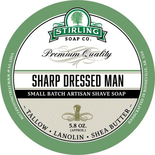 Shaving set featuring Stirling Soap Co. Sharp Dressed Man soap, brush, and accessories in a grooming collection with natural styling