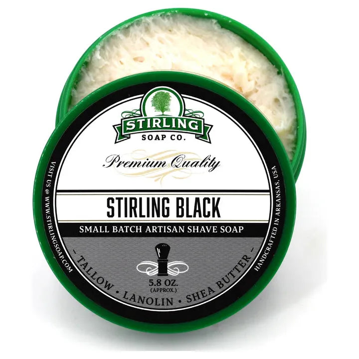 Pasteur Pharmacy Stirling Black Shaving Collection with shaving soap, brush, and accessories in a stylish set.