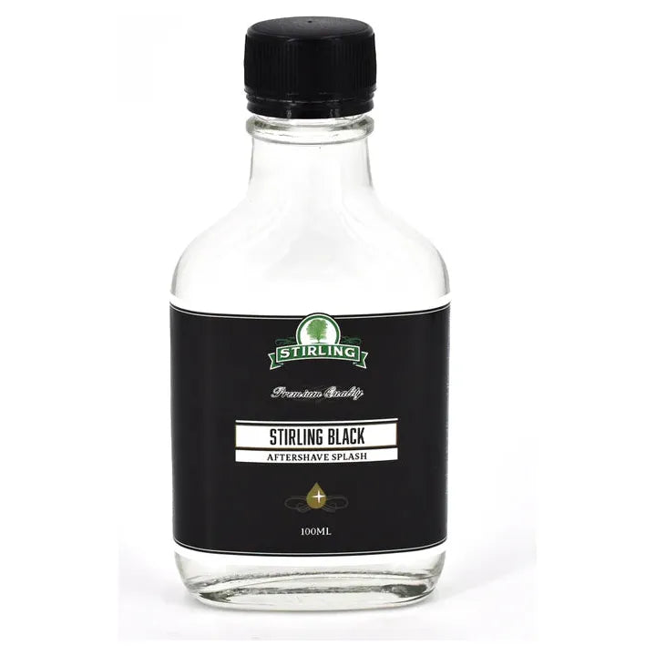 Pasteur Pharmacy Stirling Black Shaving Collection with shaving soap in a 5.8oz jar, featuring a premium Stirling Soap Co. shaving set.