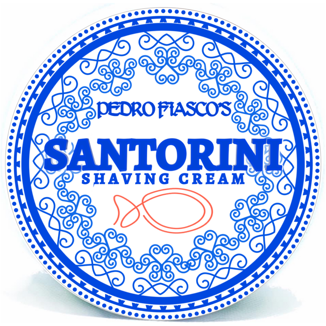 Ariana & Evans Santorini Pedro Fiasco shaving set with 5 oz shaving soap, including a brush and accessories, in elegant packaging.