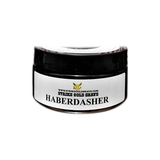 Pasteur Pharmacy Strike Gold Shave Haberdasher Shaving Collection with soap in a sleek container and shaving accessories.