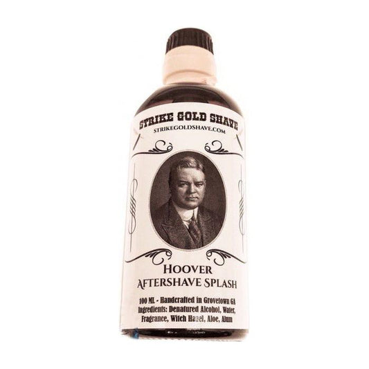 Pasteur Pharmacy Strike Gold Shave Hoover Shaving Collection with shaving soap in a 5 oz container and grooming accessories.