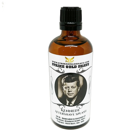 Pasteur Pharmacy Strike Gold Shave Kennedy Shaving Collection with shaving soap, brush, and accessories in a premium grooming set.