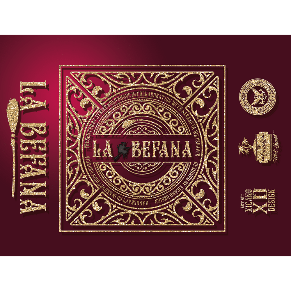 Pasteur Pharmacy Strike Gold Shave La Befana Shaving Set with soap, razor, and brush for a complete grooming experience.