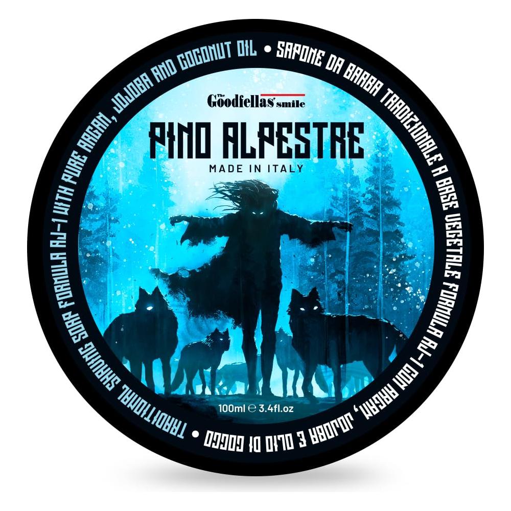 Pasteur Pharmacy The Goodfellas' Smile Pino Alpestre Shaving Collection with shaving soap in a 5 oz container.