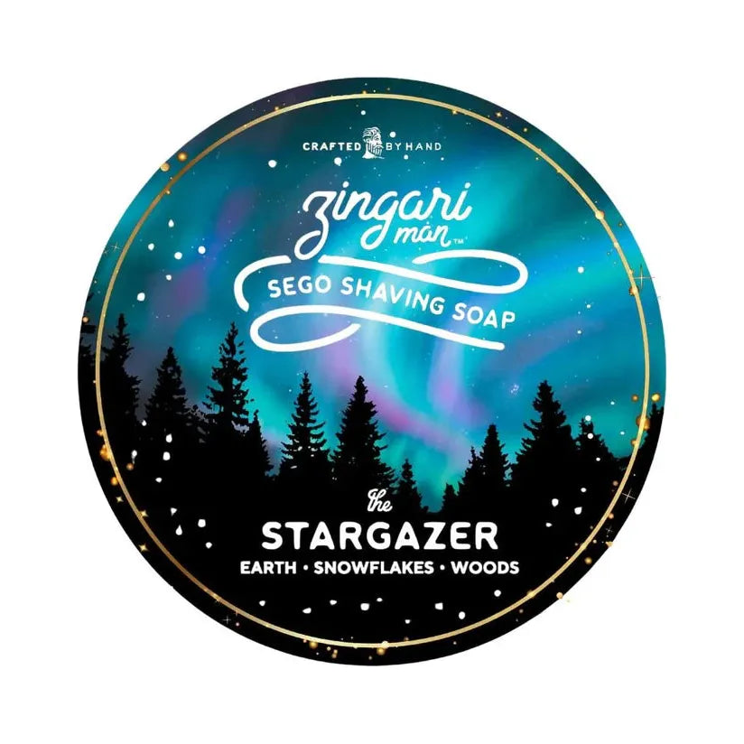 Pasteur Pharmacy Zingari Man The Stargazer shaving set with 5 oz shaving soap and grooming accessories on a display.