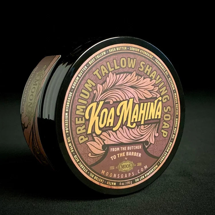 Moon Soaps Koa Mahina Shaving Collection set featuring a 6 oz shaving soap and accessories for a smooth shave.