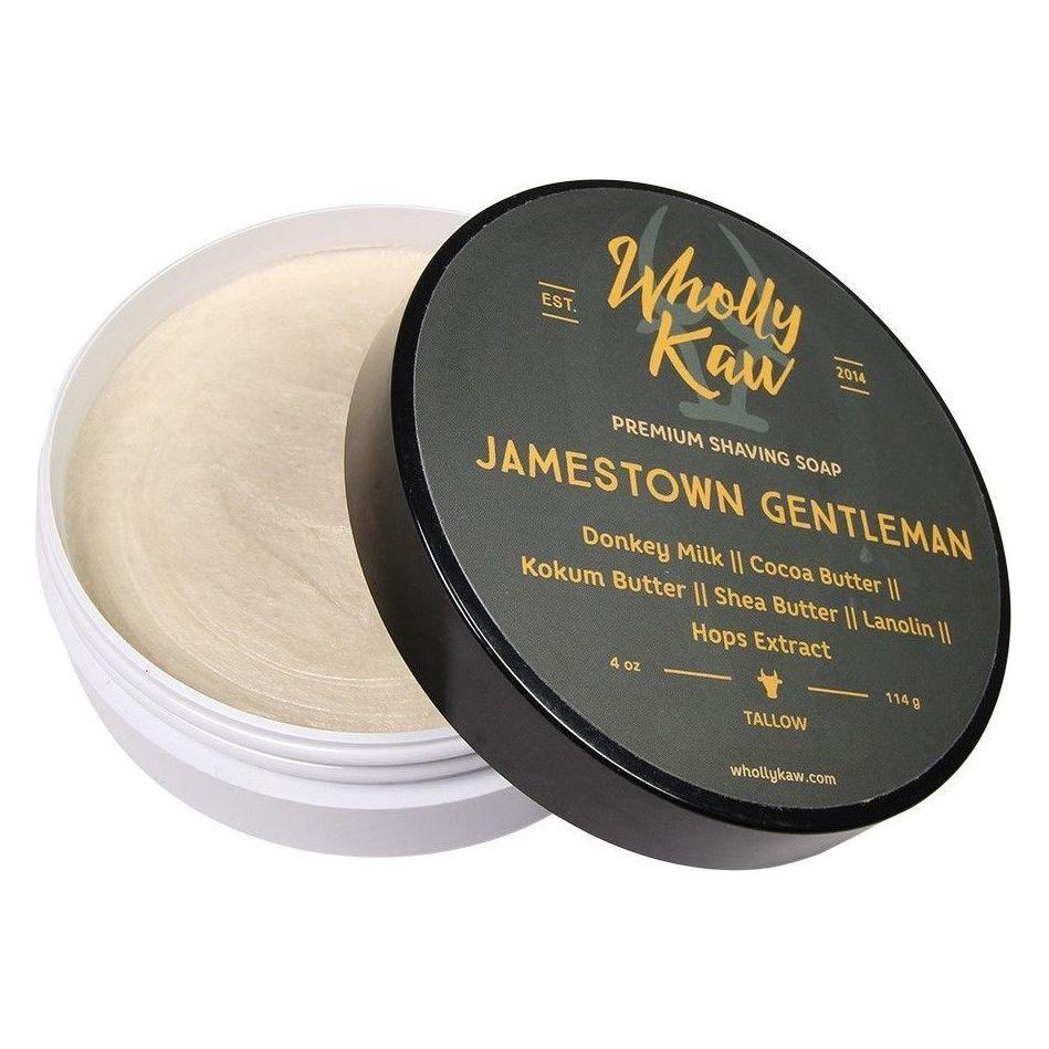 Wholly Kaw Jamestown Gentleman Shaving Collection including tallow shaving soap in a 4 oz container, with shaving accessories.