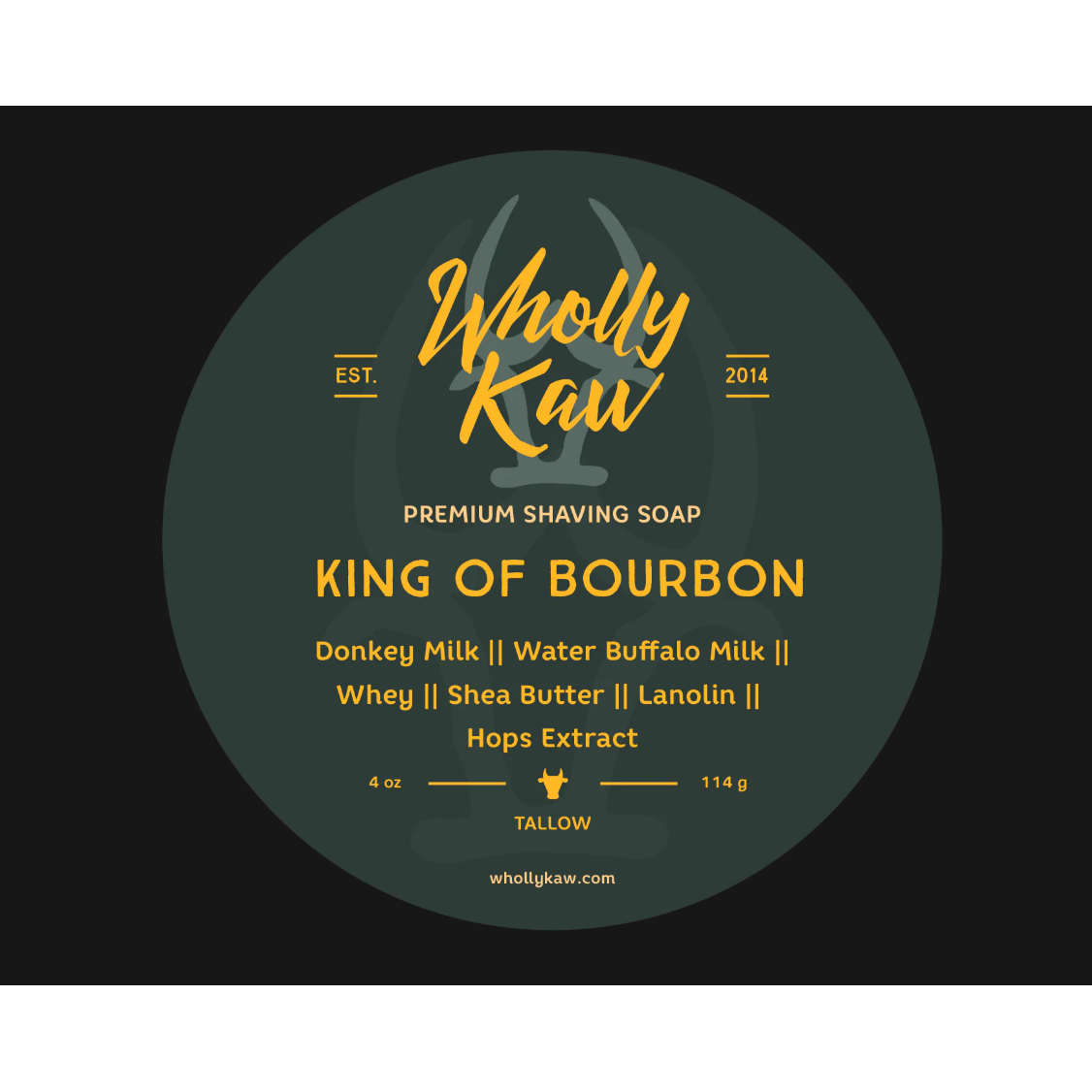 Pasteur Pharmacy Wholly Kaw King of Bourbon shaving set with tallow shaving soap in a 4 oz container, featuring a luxurious grooming kit
