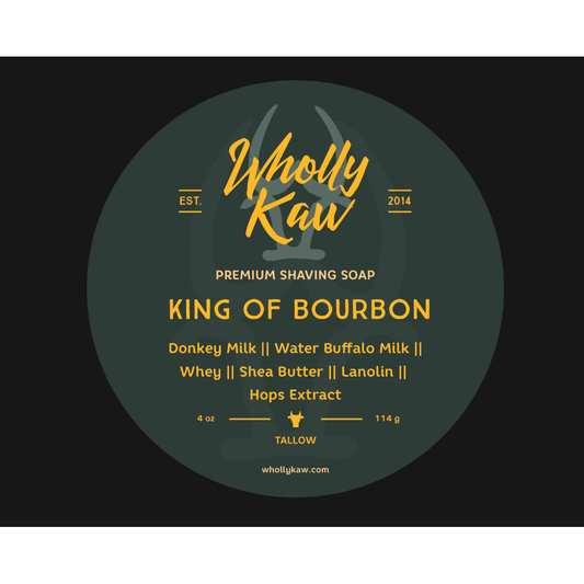 Pasteur Pharmacy Wholly Kaw King of Bourbon shaving set with tallow shaving soap in a 4 oz container, featuring a luxurious grooming kit
