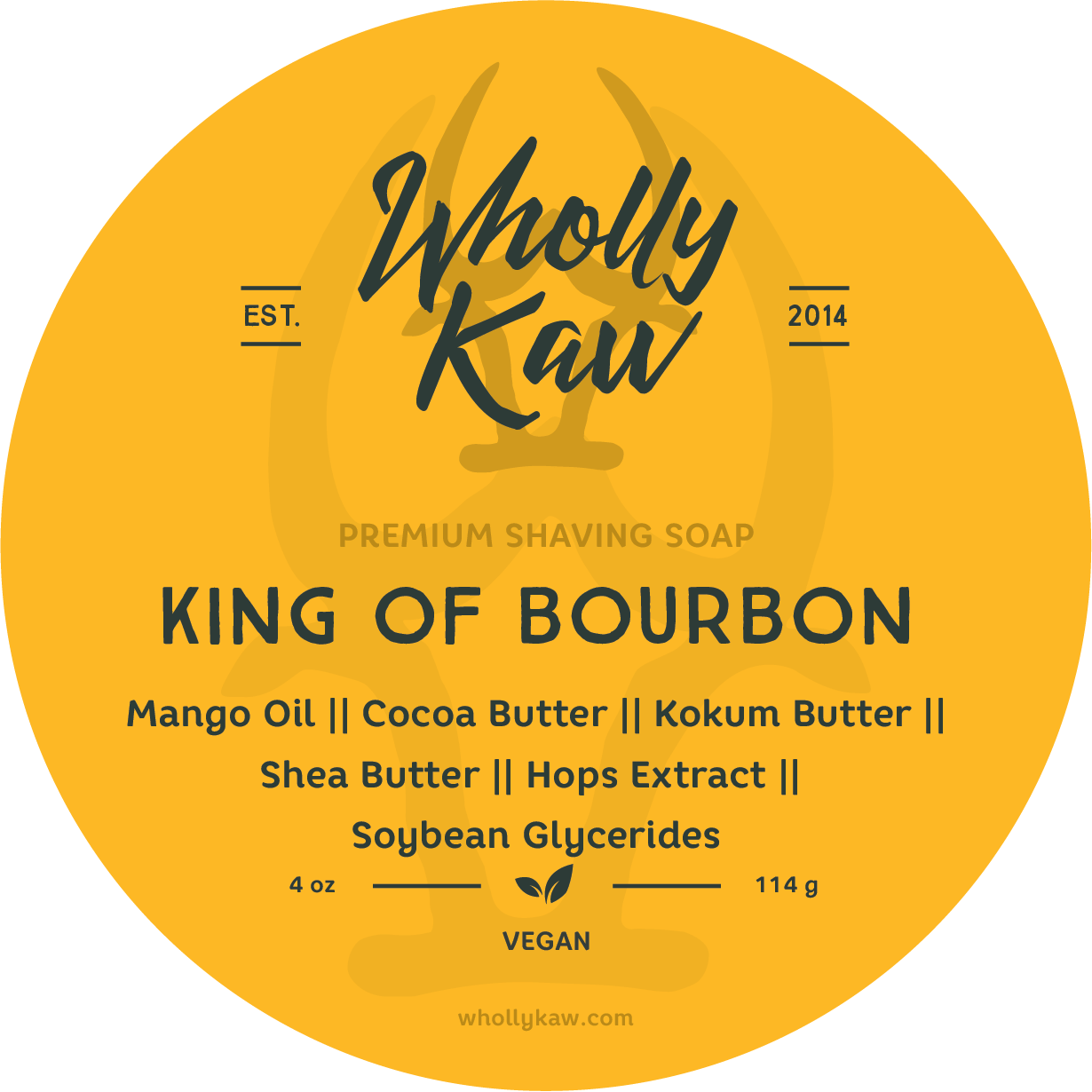 Pasteur Pharmacy Wholly Kaw King of Bourbon shaving set with tallow shaving soap in a 4 oz container, ideal for traditional wet shaving.
