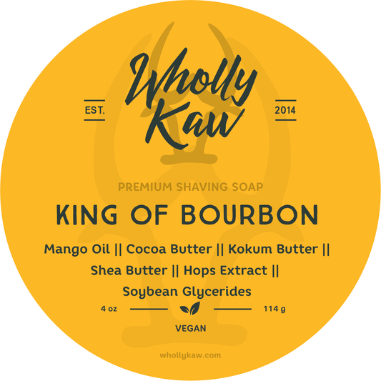 Pasteur Pharmacy Wholly Kaw King of Bourbon shaving set with tallow shaving soap in a 4 oz container, ideal for traditional wet shaving.