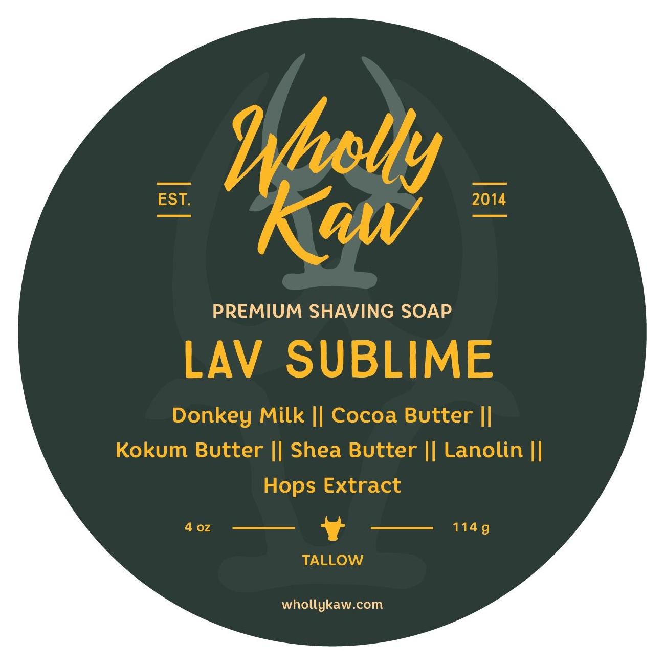 Wholly Kaw Lav Sublime Shaving Collection with tallow shaving soap, brush, and accessories in a premium shaving set.
