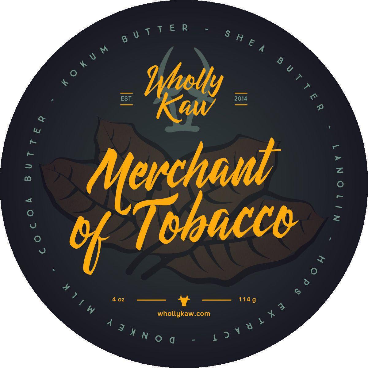 Wholly Kaw Merchant of Tobacco shaving set with tallow shaving soap in a 4 oz container, featuring a traditional shaving brush and accessories.