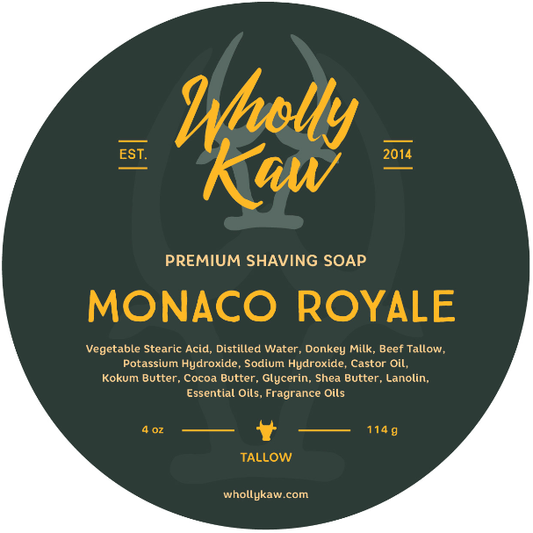 Wholly Kaw Monaco Royale shaving set with tallow soap, brush, and accessories from Pasteur Pharmacy.