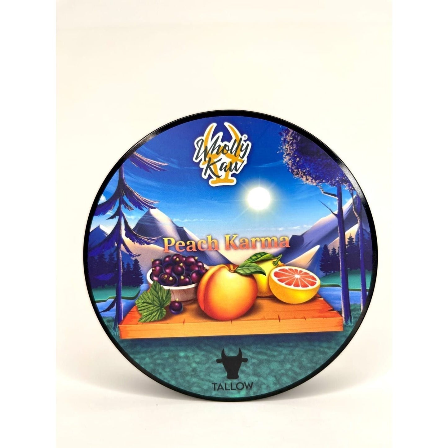 Pasteur Pharmacy Wholly Kaw Peach Karma Shaving Collection with tallow shaving soap in a 4 oz jar and shaving accessories.