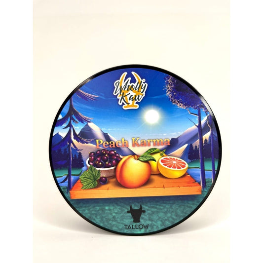 Pasteur Pharmacy Wholly Kaw Peach Karma Shaving Collection with tallow shaving soap in a 4 oz jar and shaving accessories.