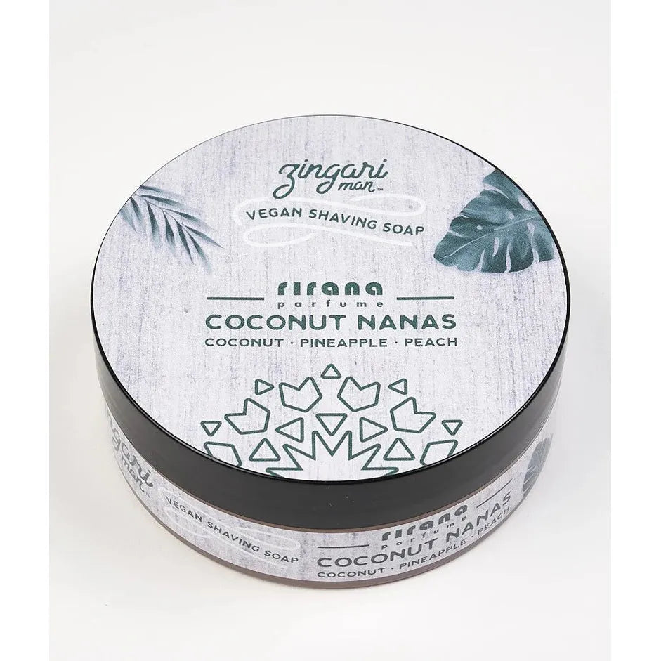 Pasteur Pharmacy Zingari Man Coconut Nanas Shaving Set with vegan shaving soap in a 5 oz container on a clean surface.
