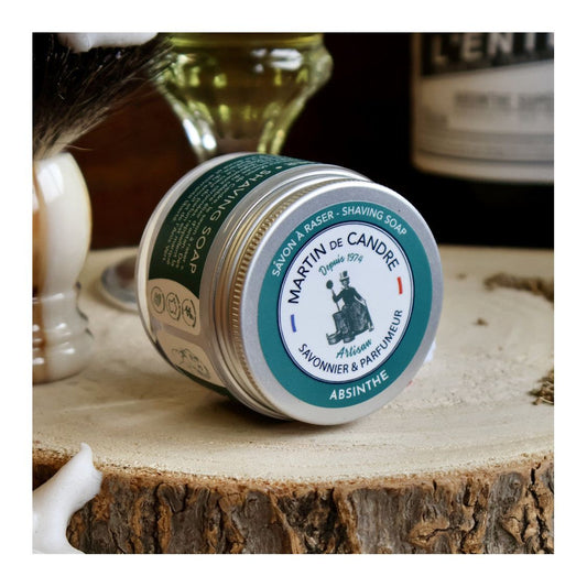 Martin de Candre Absinthe Scented Shaving Soap in a 50g container, featuring a creamy texture and Absinthe fragrance.