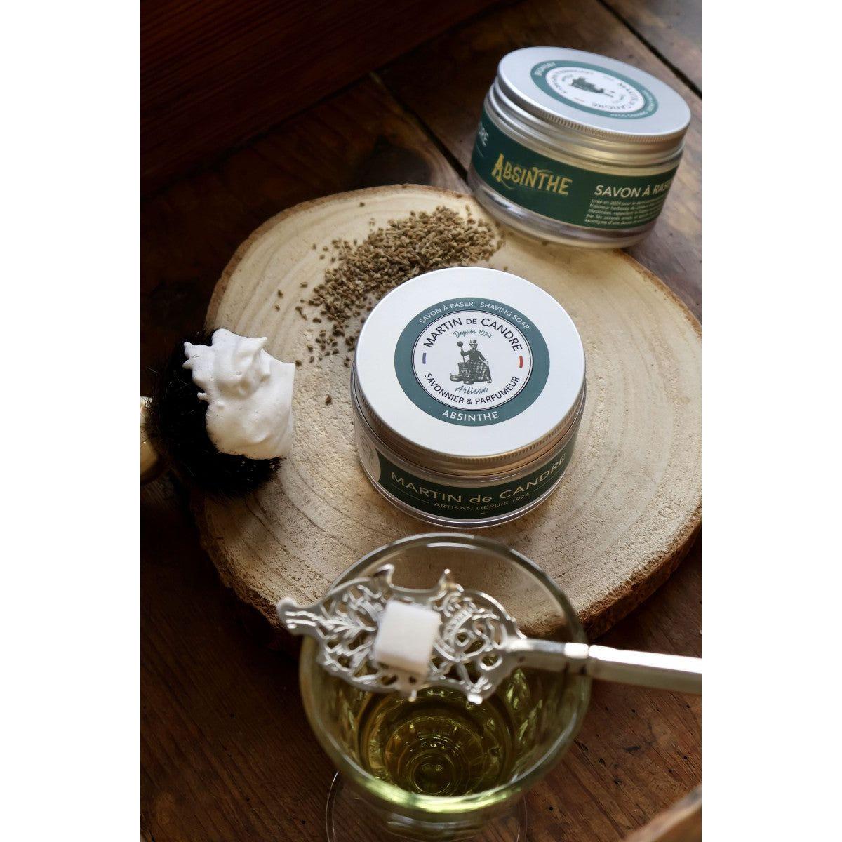 Martin de Candre Absinthe scented shaving soap in a 50g jar with a white label and black text, designed for a smooth shave.