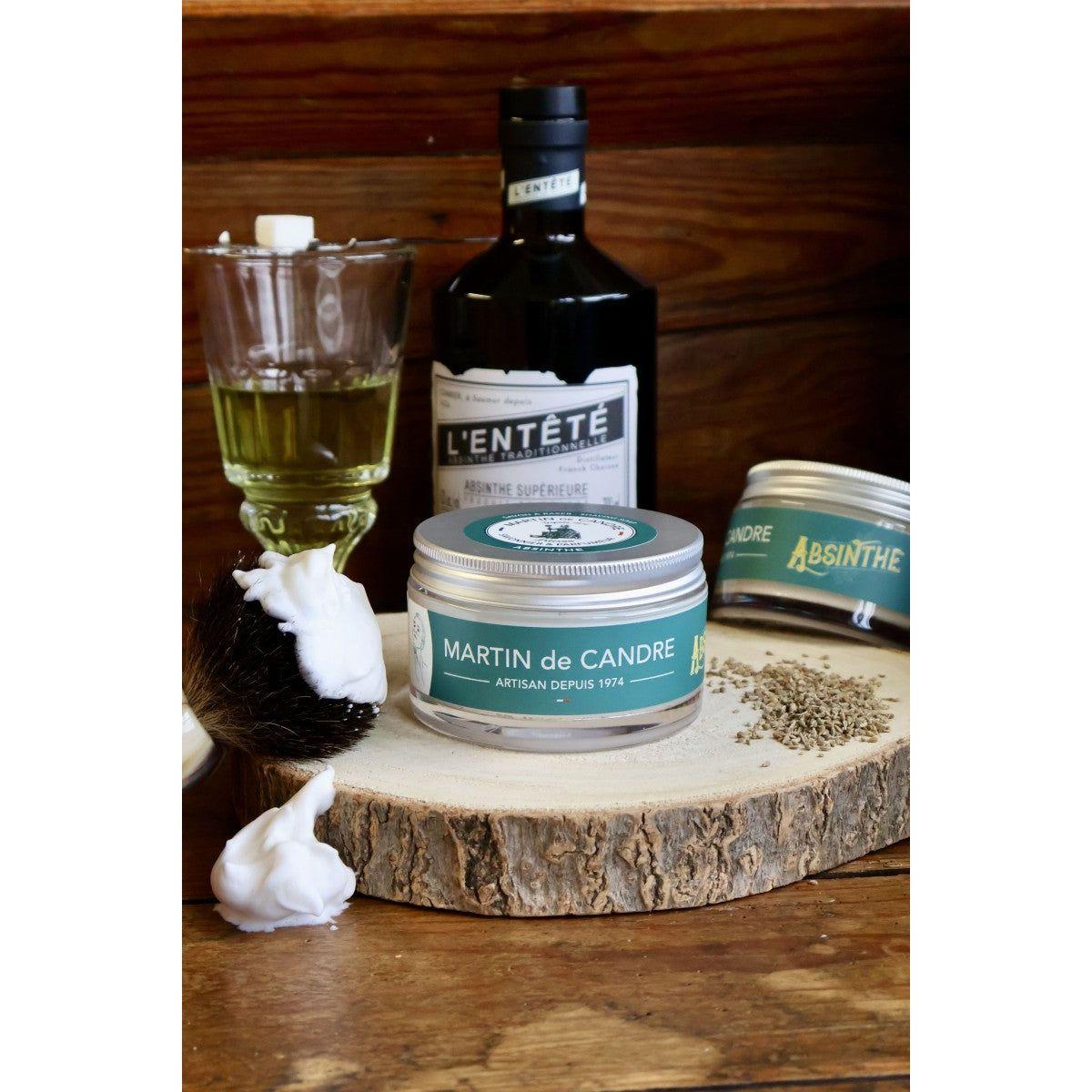 Martin de Candre Absinthe Scented Shaving Soap in 50g tin, displaying the creamy soap and vintage-style packaging.