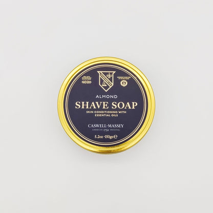 Pasteur Pharmacy Caswell-Massey Almond Shave Soap and Cream collection in 5.2 oz containers, featuring classic shaving soap and cream.