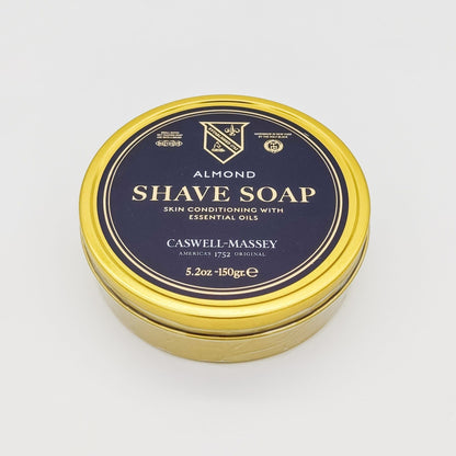 Caswell-Massey Almond Shave Soap and Cream collection in 5.2 oz containers, featuring natural almond-scented shaving products.
