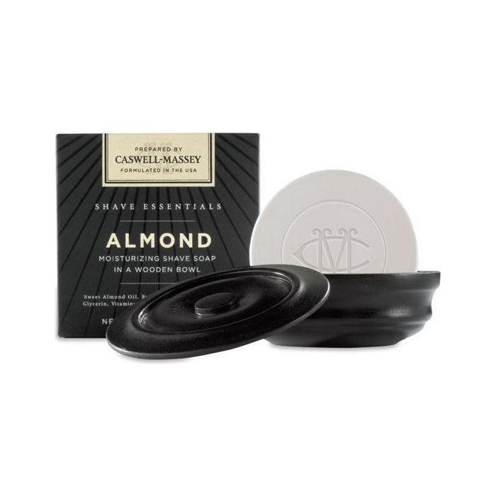 Caswell-Massey Almond Shave Soap and Cream collection with 5.2 oz shaving soap and cream in a natural setting