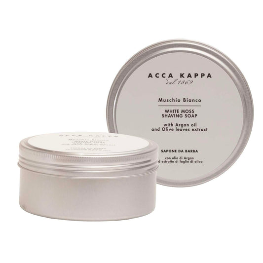 Acca Kappa Muschio Bianco White Moss shaving soap in 8.45 oz container, with creamy lather and elegant packaging.