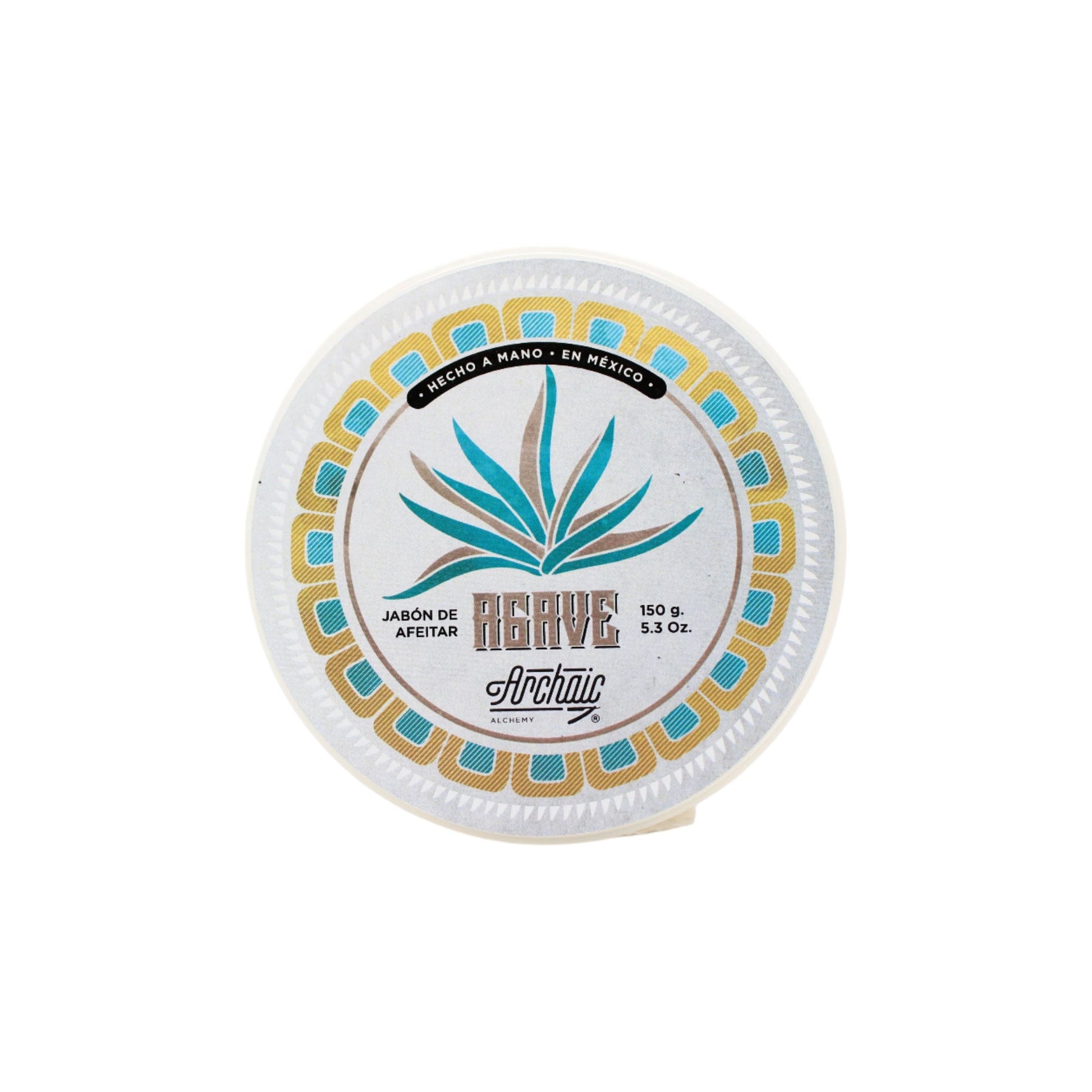 Archaic Alchemy Agave Shaving Soap by Pasteur Pharmacy in a 150g container, with a smooth soap surface and packaging visible.