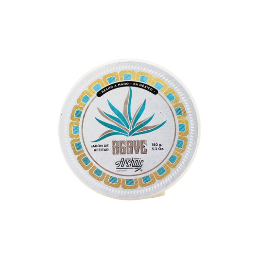 Archaic Alchemy Agave Shaving Soap by Pasteur Pharmacy in a 150g container, with a smooth soap surface and packaging visible.