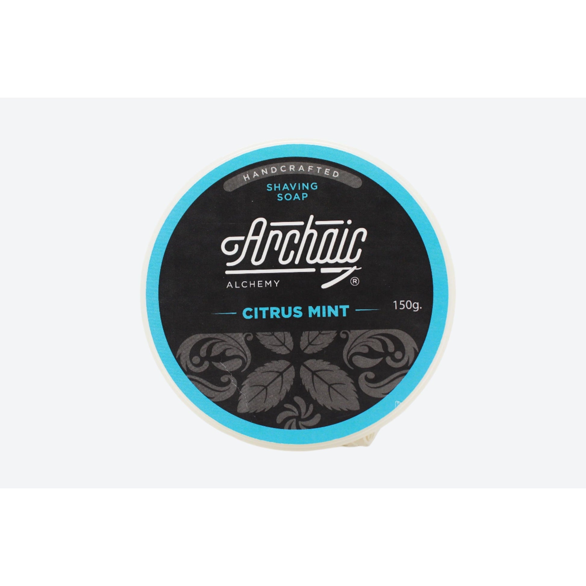 Archaic Alchemy Citrus Mint shaving soap by Pasteur Pharmacy in a 150g jar with fresh citrus and mint scent.