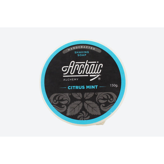 Archaic Alchemy Citrus Mint shaving soap by Pasteur Pharmacy in a 150g jar with fresh citrus and mint scent.